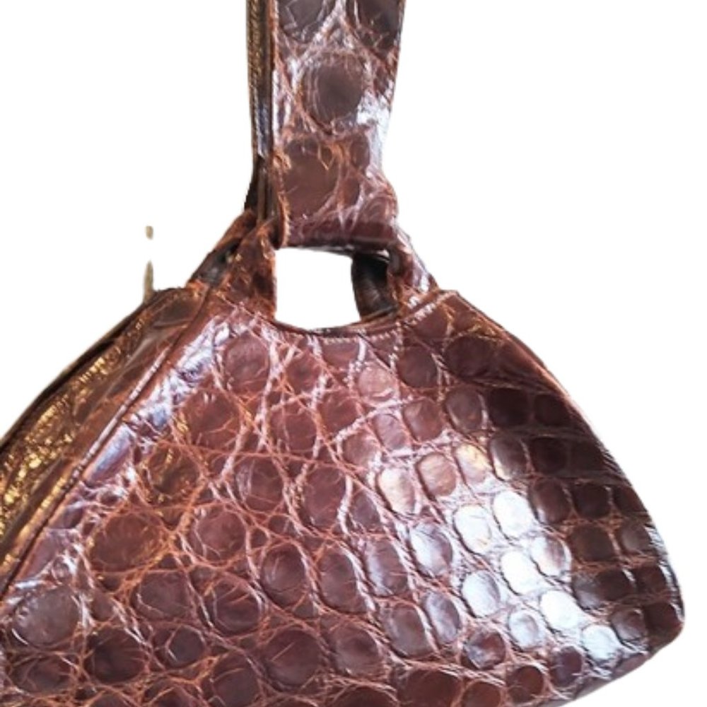 1940s Vintage Dark Brown Genuine Crocodile Small Handbag With A Top Handle - Picture 4 of 8